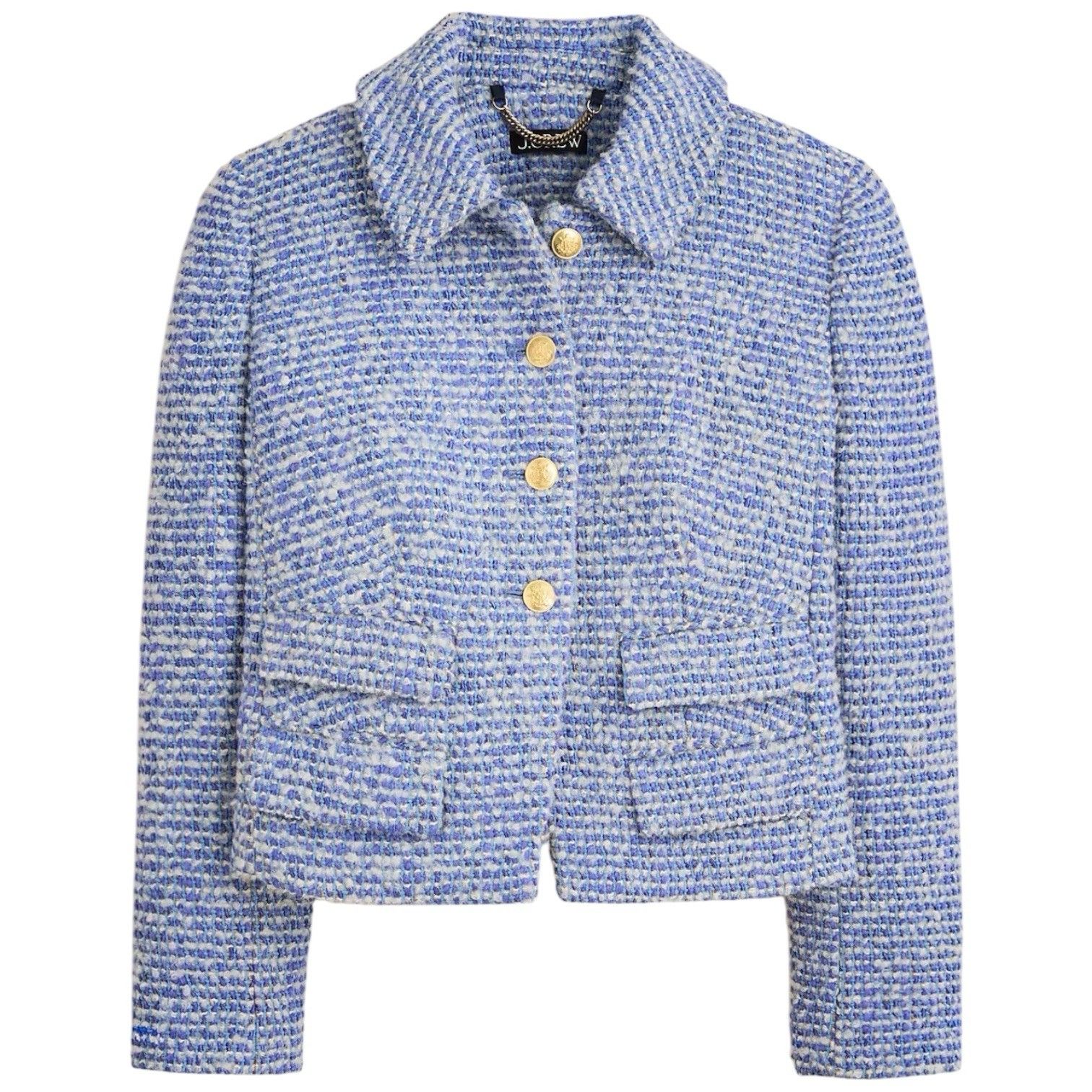 J Crew Wool Blend Boucle Tweed Lady Jacket Blue Lucie Gold Buttons Cn793 Wmns 0